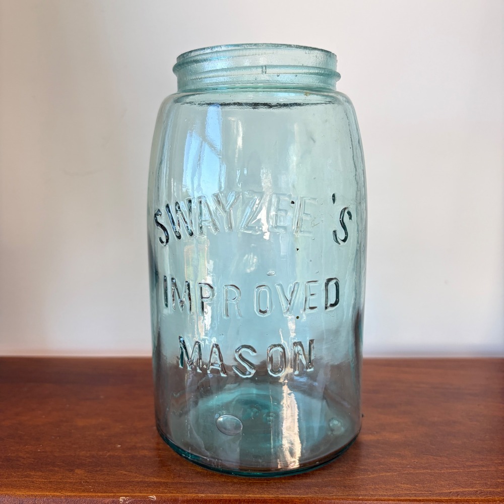 Vintage Swayzees Improved Mason Jar Aqua Blue Glass Quart 917 Base Mark 7in